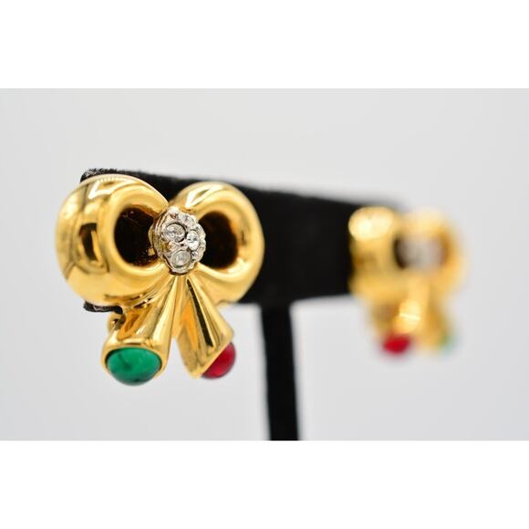 Joan Rivers Vintage Cabochon Bow Clip On Earrings Christmas Holiday Signed BinW - Picture 4 of 12